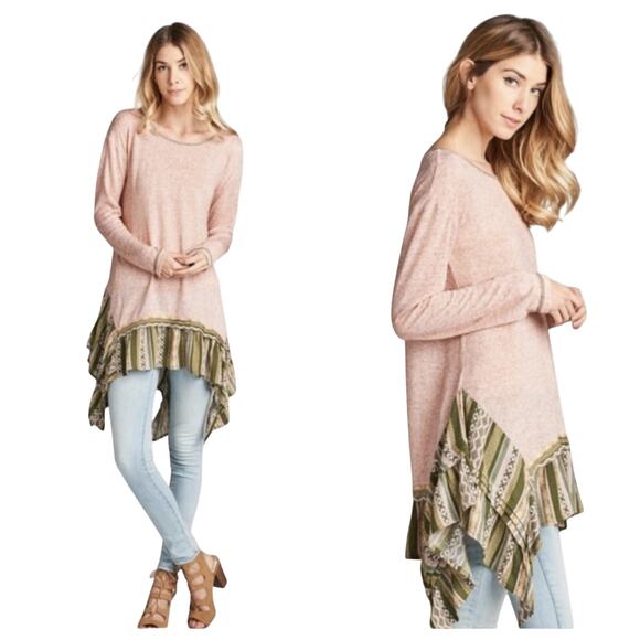 Boho tribal shark bite hem pink top ruffle bottom lagenlook - Picture 1 of 8